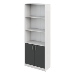 Shelving unit with 3 shelves and a cabinet