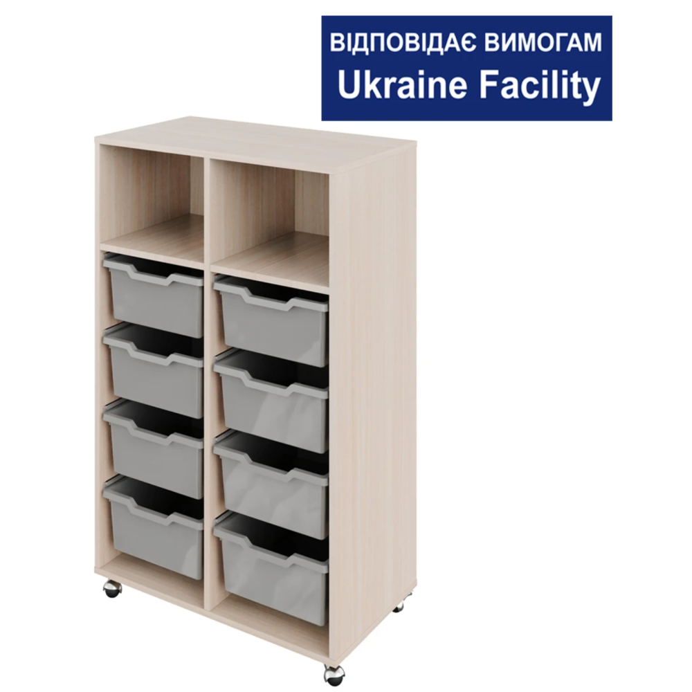 Mobile cabinet with two-section trays