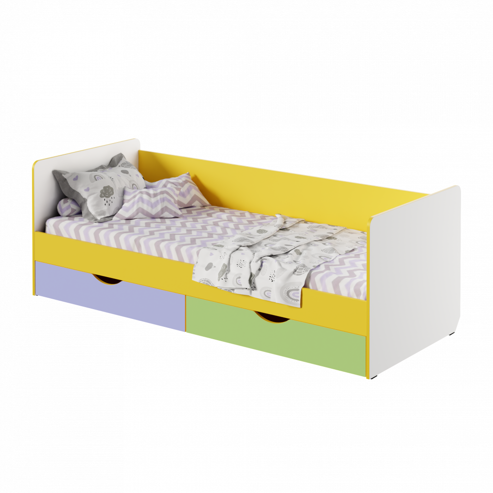 Wooden Single Bed Yellow / Lavender / Green water
