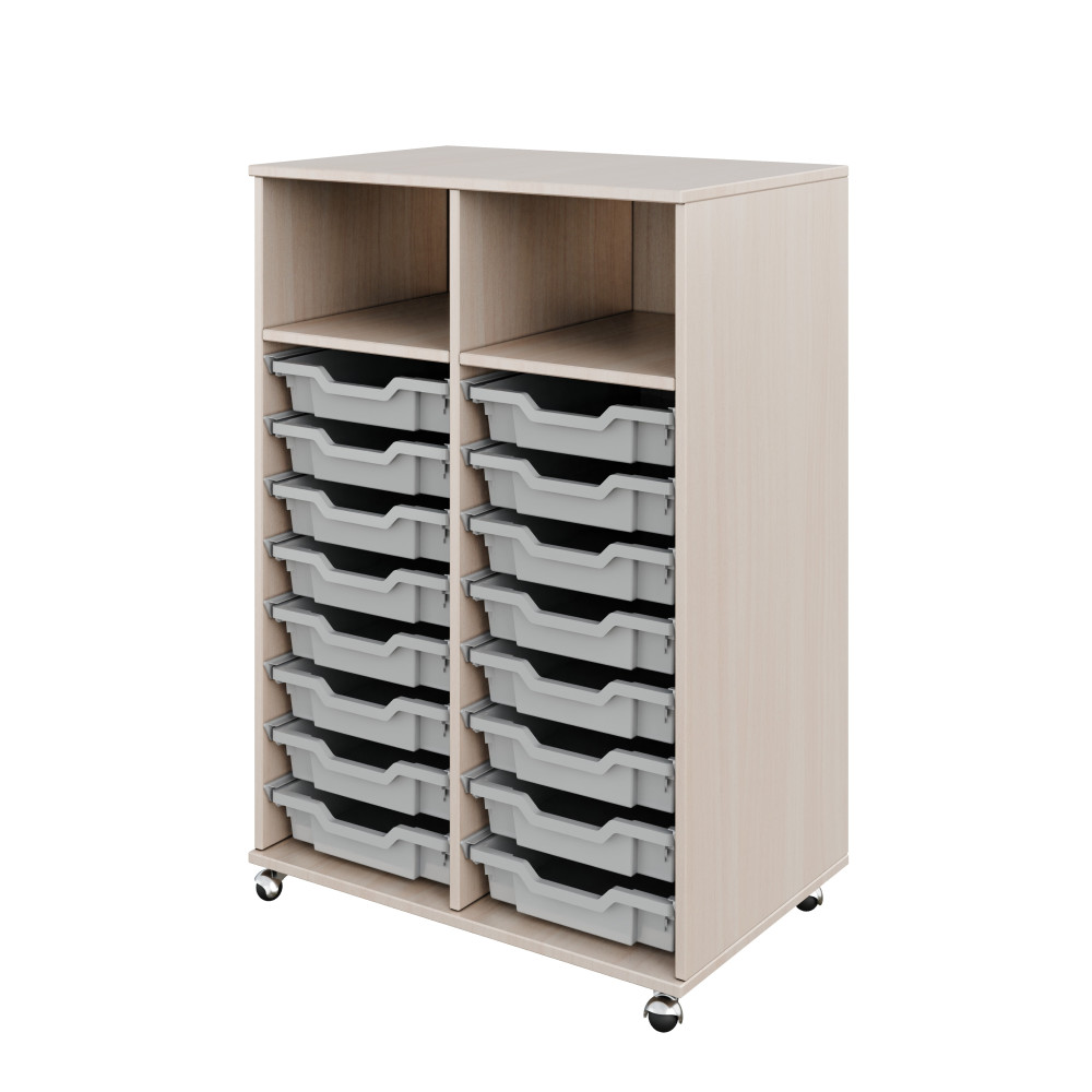 Mobile cabinet with two-section trays