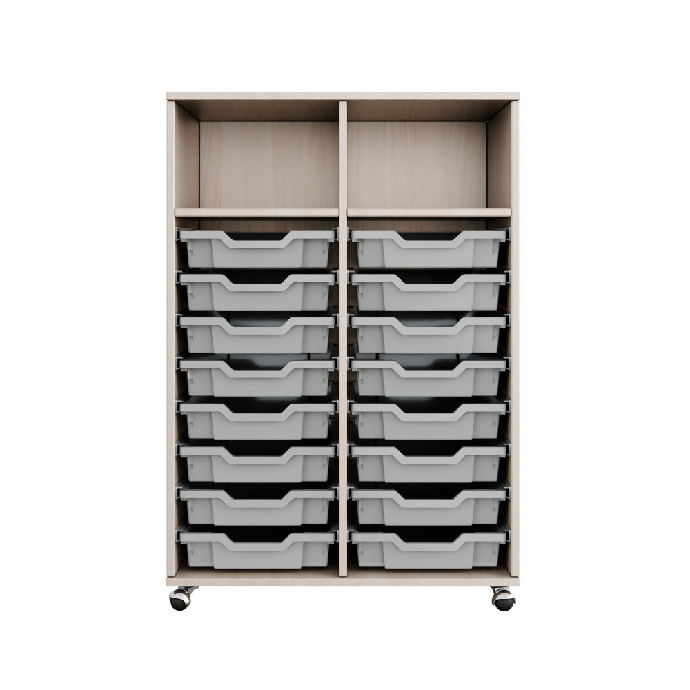 Mobile cabinet with two-section trays