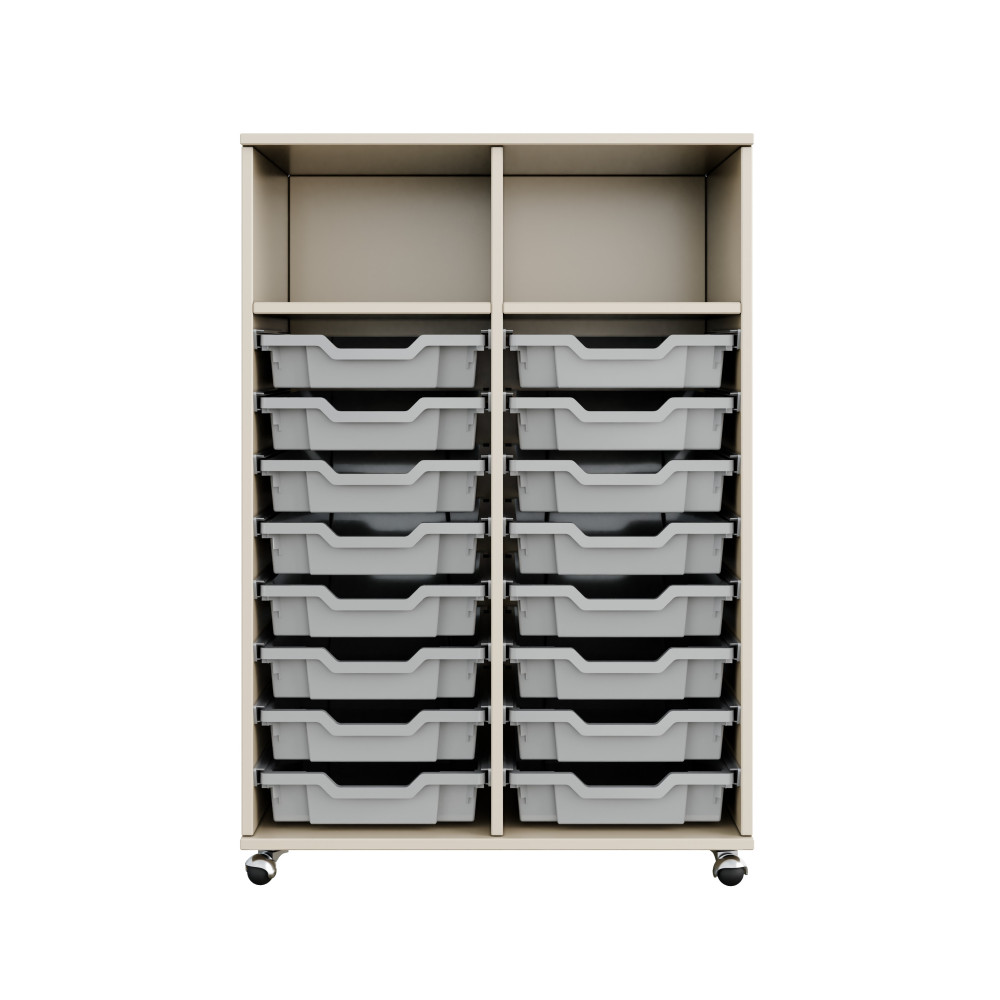 Mobile cabinet with two-section trays