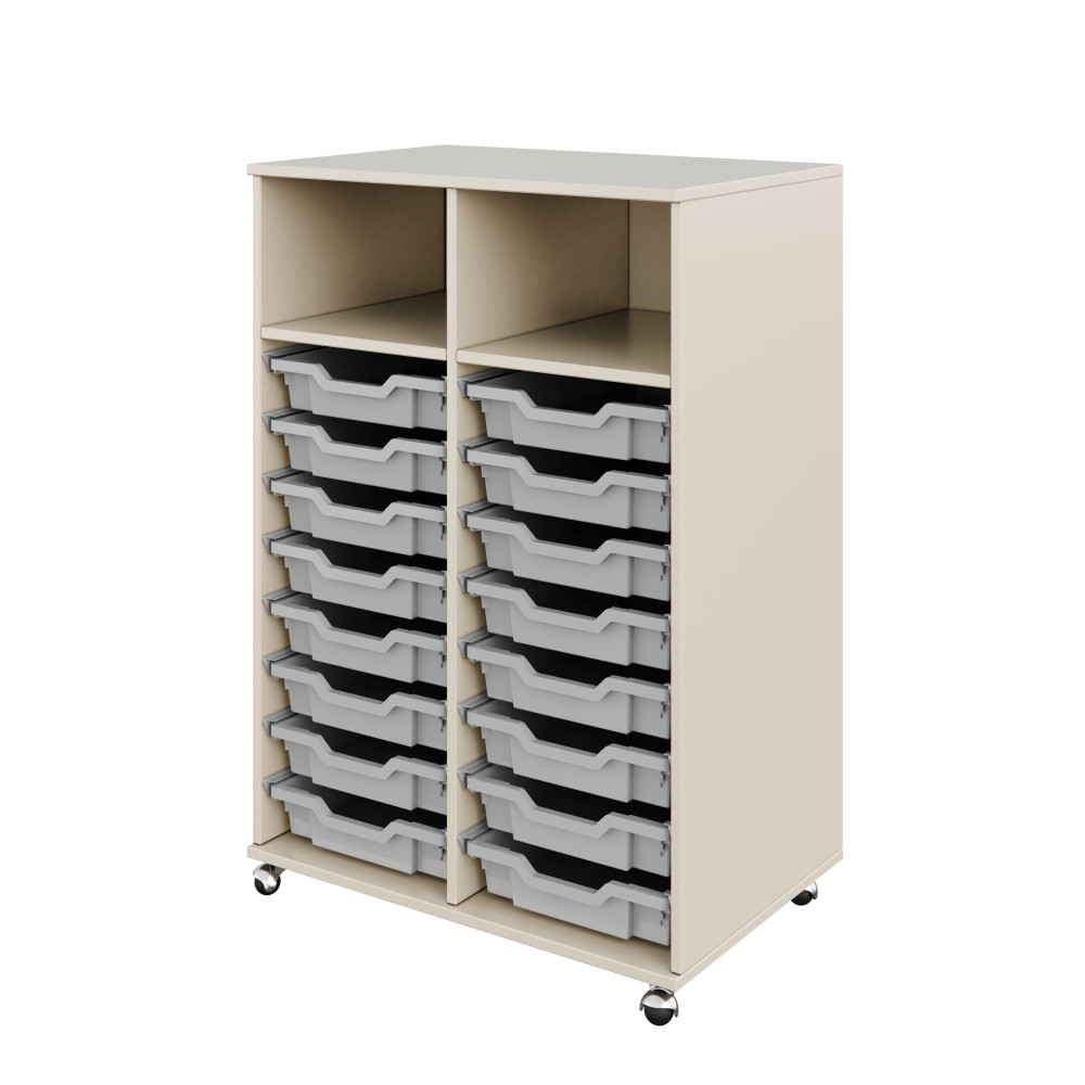 Mobile cabinet with two-section trays