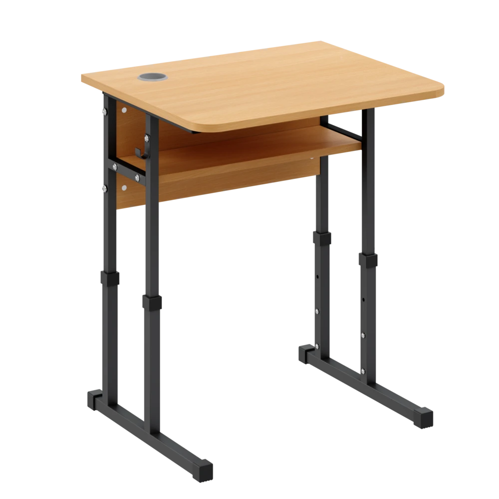 Single-Seater Student's Table with Height Adjustment Beech, Black with shelf and cutout for cups