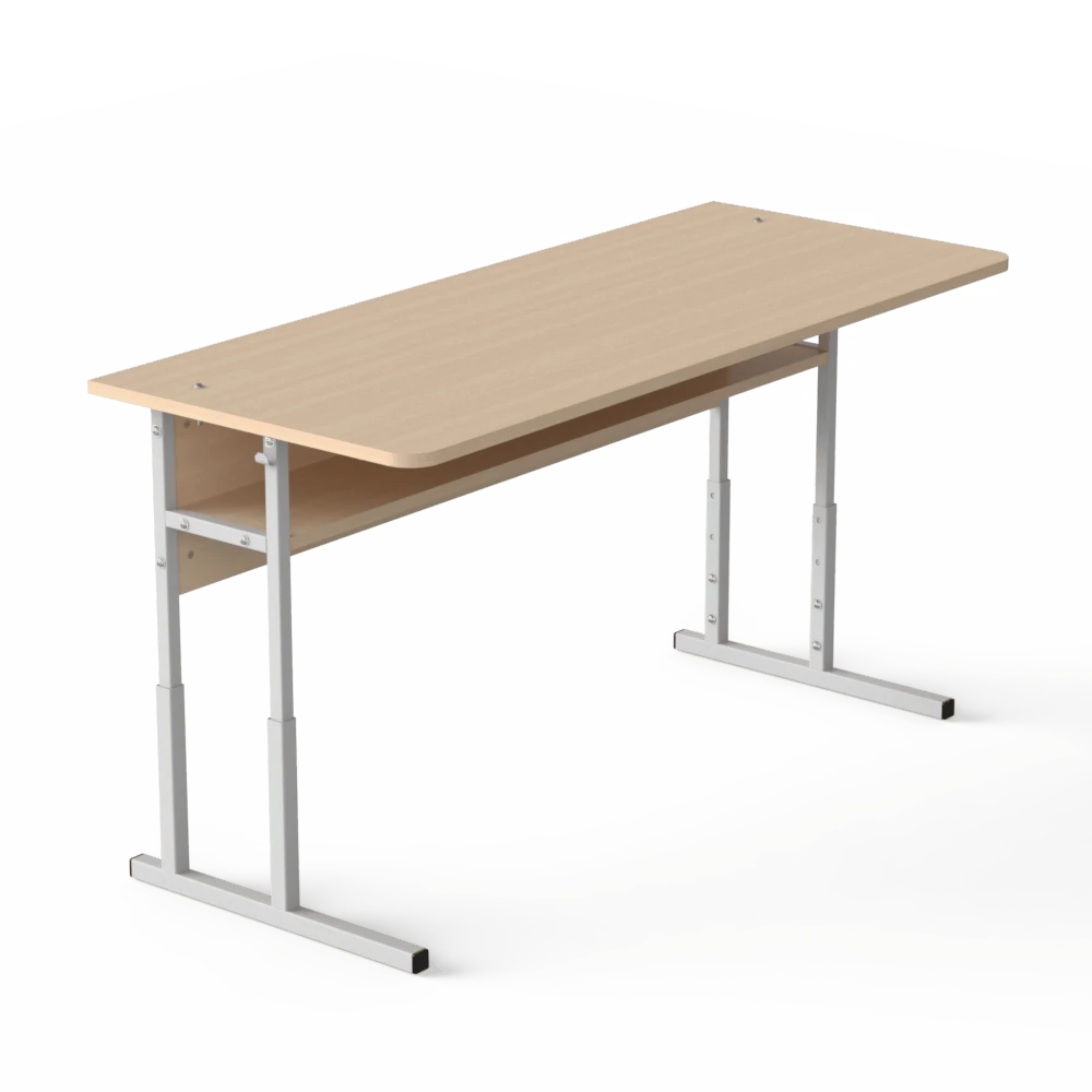 Two-Seater Auditorium Table with Height Adjustment Milk Oak, Gray with a shelf